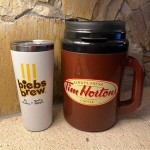 Justin Bieber Biebs Brew Tumbler and Tim Hortons 64oz Travel Thermos